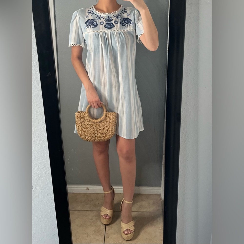 Blue striped Embroidered cotton Babydoll Mini Dress sz S- euro summer, vacation